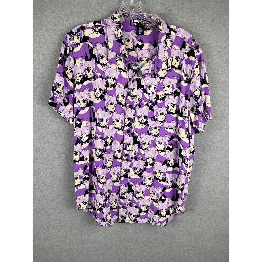 Hot‎ Topic Anime Girl Shirt Men's Size M Purple All Over Print Button Up Rayon
